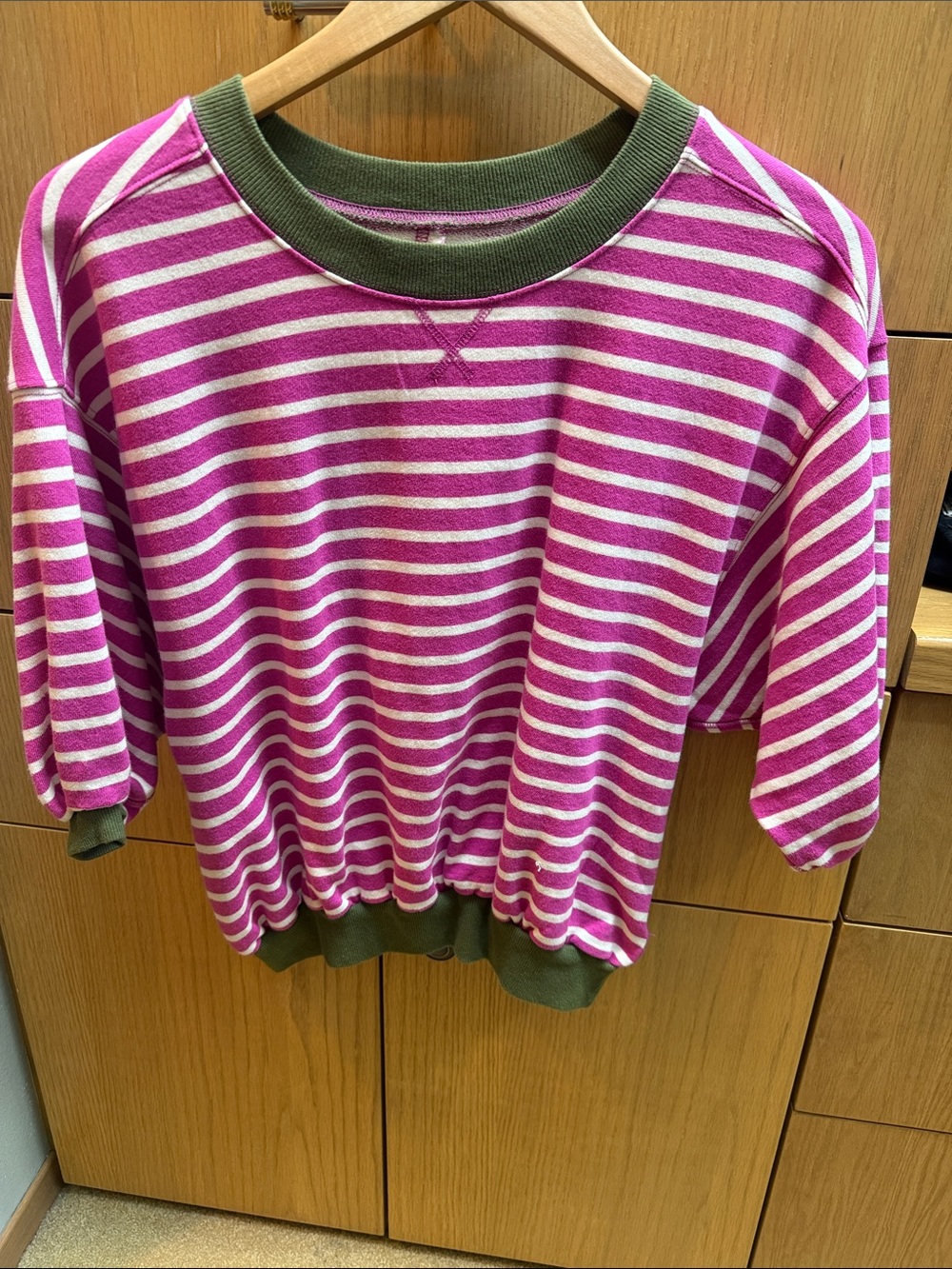 Pilcro Pink and White Striped Short-Sleeve Sweatshirt with Olive Trim